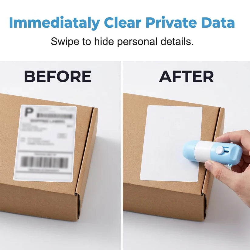 ADDRIX™ 2-in-1 Thermal Label Eraser & Box Cutter — Instantly cover your name, address, phone number, and tracking details before throwing packages away