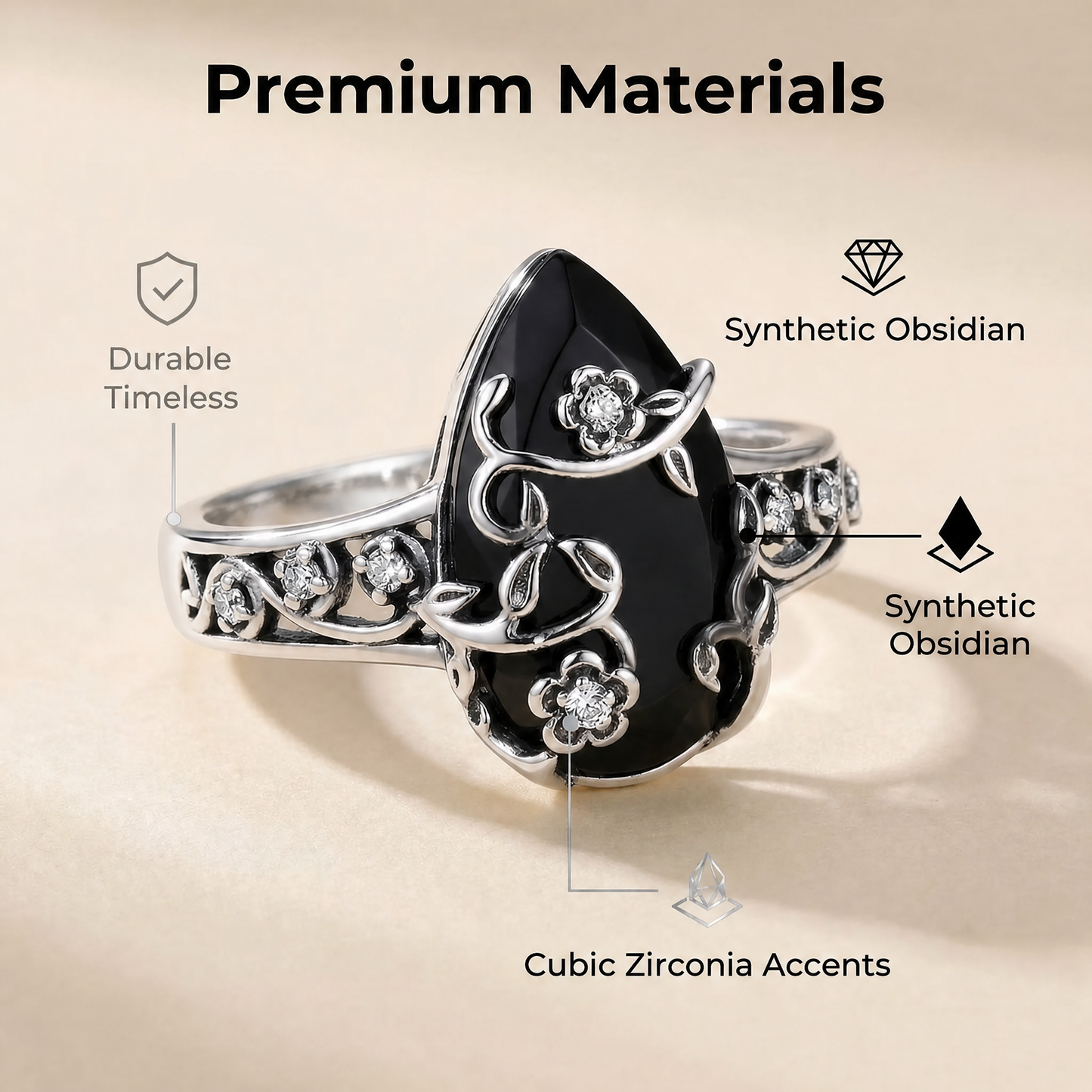 925 Sterling Silver Synthetic Obsidian Ring with Vintage Flower Design, Elegant Black Lab Grown Diamond Ring Jewelry for Women, Energy Crystal Ring Perfect for Daily Wear and Birthday Party, Mother's day Gift, with Gift Box