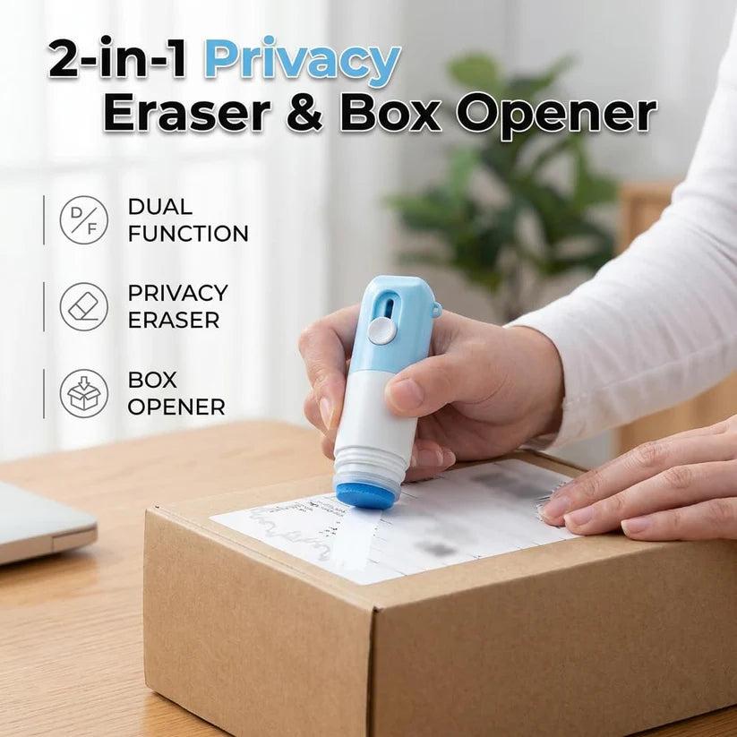 ADDRIX™ 2-in-1 Thermal Label Eraser & Box Cutter — Instantly cover your name, address, phone number, and tracking details before throwing packages away
