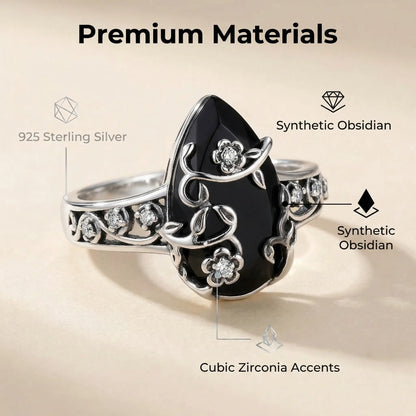 💍925 Sterling Silver Synthetic Obsidian Ring with Vintage Flower Design, Elegant Black Lab Grown Diamond Ring Jewelry for Women, Energy Crystal Ring Perfect for Daily Wear and Birthday Party, Mother's day Gift, with Gift Box