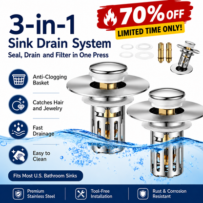 🔥 70% OFF! SVOZK® 💧 3 in 1 Sink Drain Strainer, Universal Pop Up Stopper with Removable Stainless Steel Filter Basket Hair Catcher