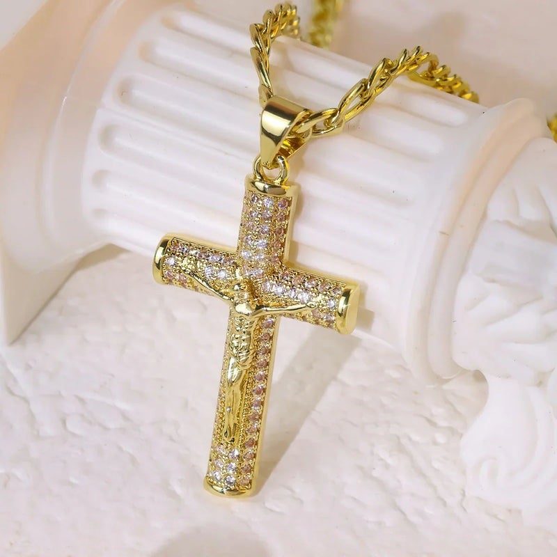 60% OFF! ✝️ Jesus Crucifix Pendant Necklace - 14K Real Gold-Plated Cross Necklace for Men, Advanced Nanotech Tarnish-Free Cuban Figaro Rope Miami Chains with Jesus Crucifix Pendant, 24” Long , Christian Religious Jewelry Gift