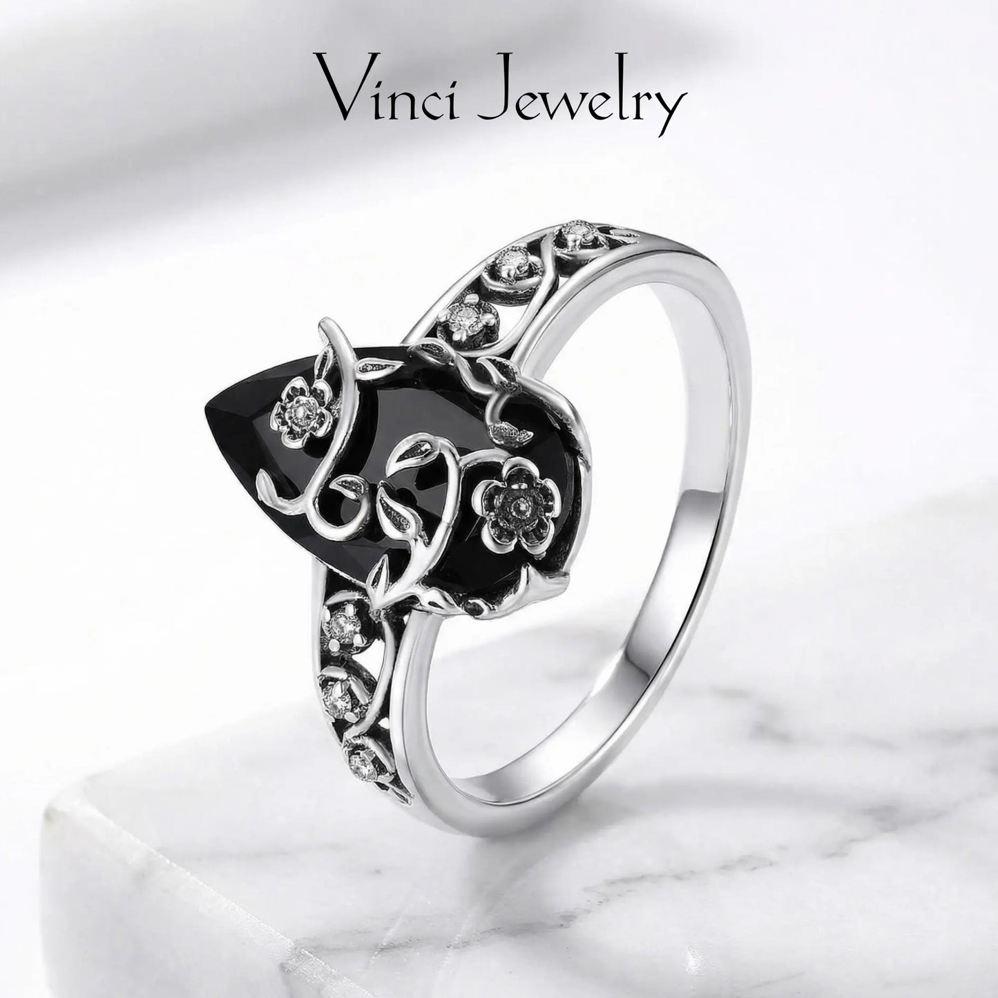 💍925 Sterling Silver Synthetic Obsidian Ring with Vintage Flower Design, Elegant Black Lab Grown Diamond Ring Jewelry for Women, Energy Crystal Ring Perfect for Daily Wear and Birthday Party, Mother's day Gift, with Gift Box