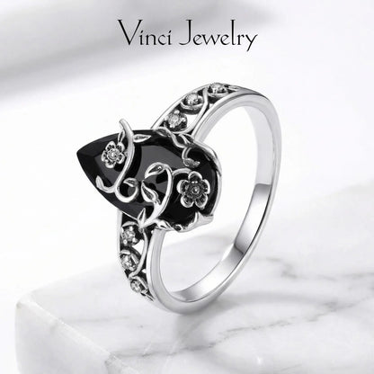 💍925 Sterling Silver Synthetic Obsidian Ring with Vintage Flower Design, Elegant Black Lab Grown Diamond Ring Jewelry for Women, Energy Crystal Ring Perfect for Daily Wear and Birthday Party, Mother's day Gift, with Gift Box