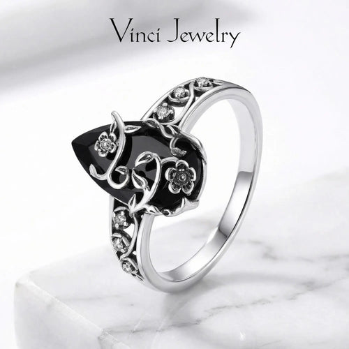 💍925 Sterling Silver Synthetic Obsidian Ring with Vintage Flower Design, Elegant Black Lab Grown Diamond Ring Jewelry for Women, Energy Crystal Ring Perfect for Daily Wear and Birthday Party, Mother's day Gift, with Gift Box
