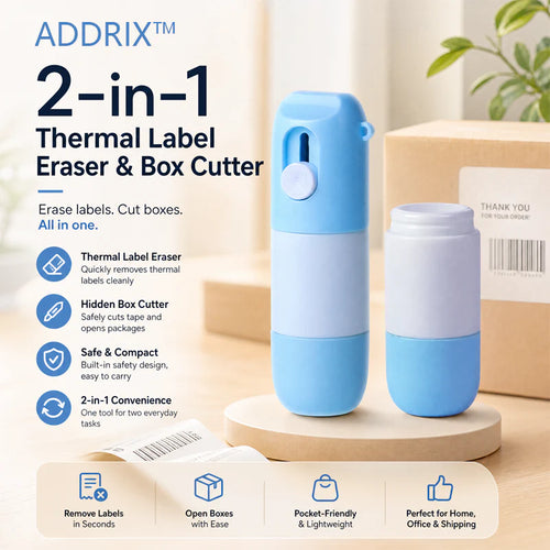 ADDRIX™ 2-in-1 Thermal Label Eraser & Box Cutter — Instantly cover your name, address, phone number, and tracking details before throwing packages away