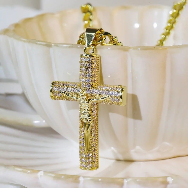 ¡60% DESCUENTO! ✝️ Collar crucifijo Jesús 14K bañado oro real, cadena Miami Nanotech anti-empaña, estilos Cubano/Figaro/Rope, 24", regalo cristiano.