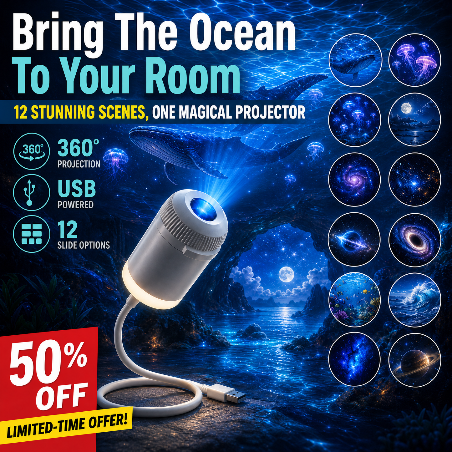 🔥 50% OFF!🇨🇦𝑺𝑪𝑵𝑫𝑹® 🌌 Smart HD Mini Projector with Auto Focus & 360° Rotation