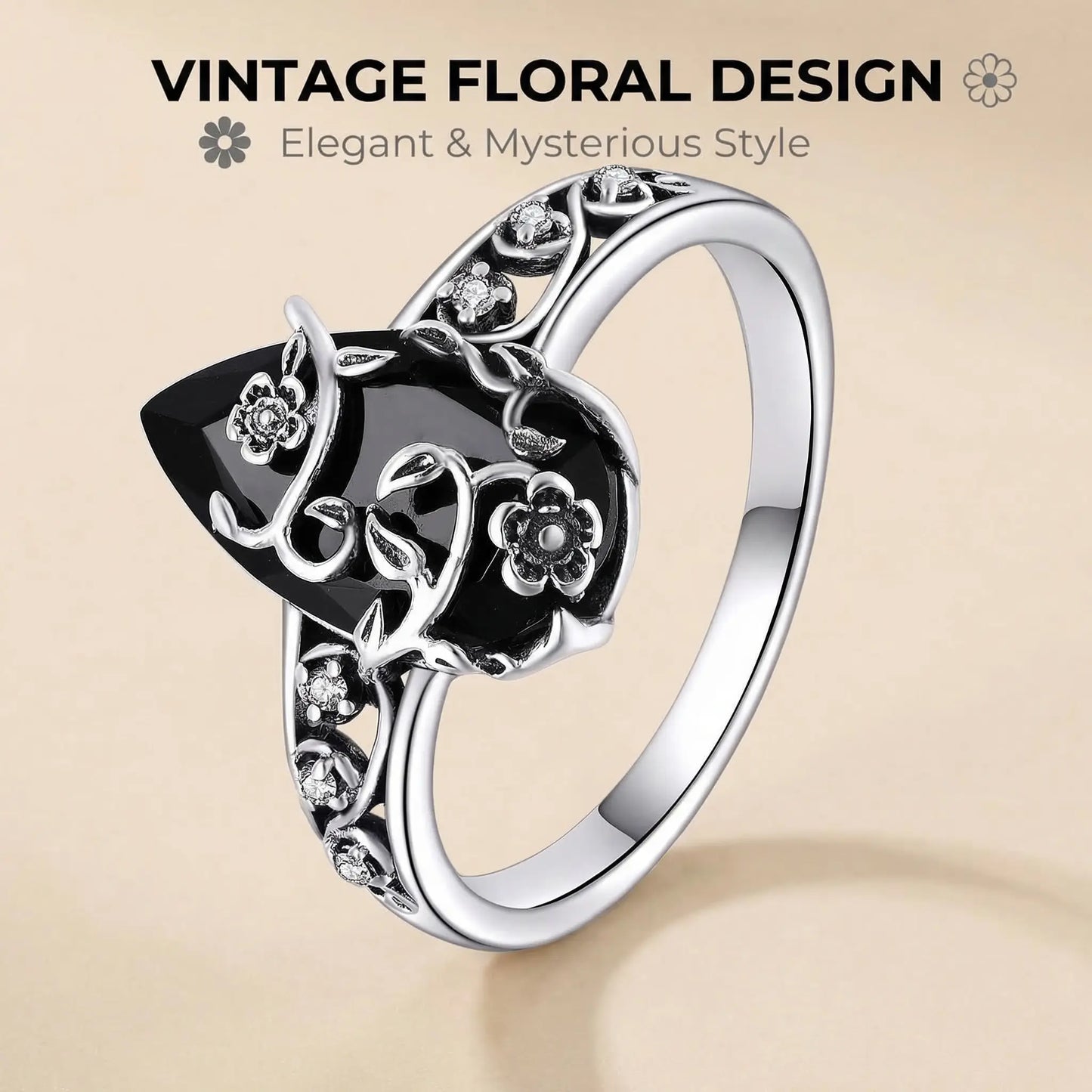 💍925 Sterling Silver Synthetic Obsidian Ring with Vintage Flower Design, Elegant Black Lab Grown Diamond Ring Jewelry for Women, Energy Crystal Ring Perfect for Daily Wear and Birthday Party, Mother's day Gift, with Gift Box