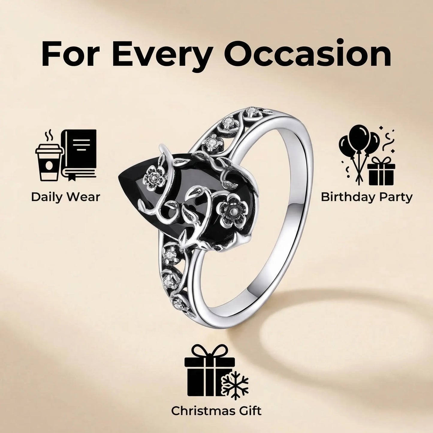 💍925 Sterling Silver Synthetic Obsidian Ring with Vintage Flower Design, Elegant Black Lab Grown Diamond Ring Jewelry for Women, Energy Crystal Ring Perfect for Daily Wear and Birthday Party, Mother's day Gift, with Gift Box