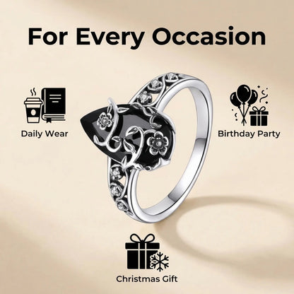 💍925 Sterling Silver Synthetic Obsidian Ring with Vintage Flower Design, Elegant Black Lab Grown Diamond Ring Jewelry for Women, Energy Crystal Ring Perfect for Daily Wear and Birthday Party, Mother's day Gift, with Gift Box