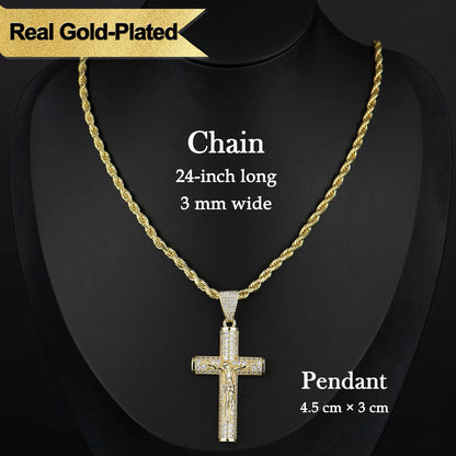 60% OFF! ✝️ Jesus Crucifix Pendant Necklace - 14K Real Gold-Plated Cross Necklace for Men, Advanced Nanotech Tarnish-Free Cuban Figaro Rope Miami Chains with Jesus Crucifix Pendant, 24” Long , Christian Religious Jewelry Gift