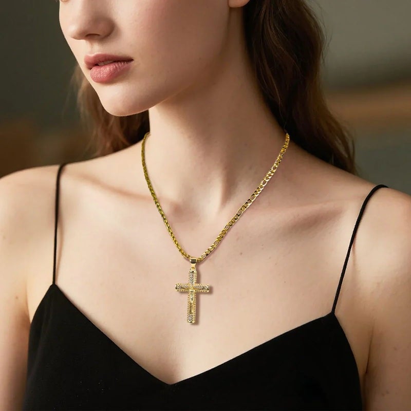 ¡60% DESCUENTO! ✝️ Collar crucifijo Jesús 14K bañado oro real, cadena Miami Nanotech anti-empaña, estilos Cubano/Figaro/Rope, 24", regalo cristiano.