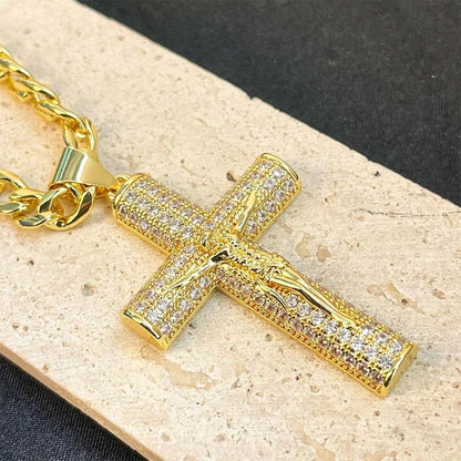 ¡60% DESCUENTO! ✝️ Collar crucifijo Jesús 14K bañado oro real, cadena Miami Nanotech anti-empaña, estilos Cubano/Figaro/Rope, 24", regalo cristiano.