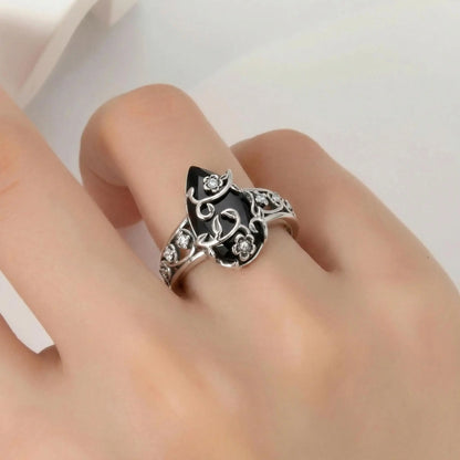 💍925 Sterling Silver Synthetic Obsidian Ring with Vintage Flower Design, Elegant Black Lab Grown Diamond Ring Jewelry for Women, Energy Crystal Ring Perfect for Daily Wear and Birthday Party, Mother's day Gift, with Gift Box